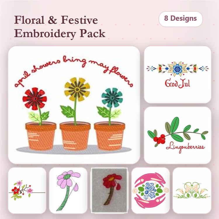 Floral Embroidery Designs Bundle – Potted Flower with Red Petals, Good Jul Text Design, Lingonberries & More (8 Designs)