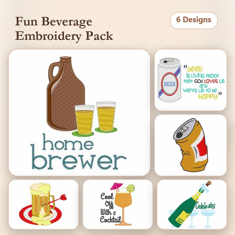 Beverage Themed Embroidery Designs Bundle – Home Brewer, Beer Mug, Cocktail Glass & More (6 Designs)