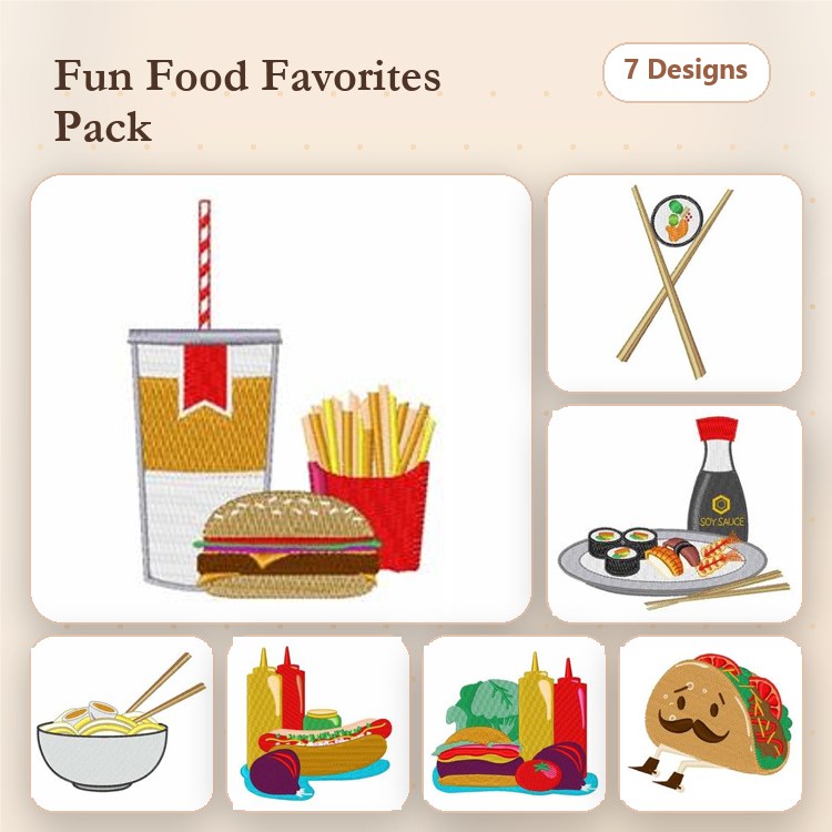 Food and Beverages Embroidery Designs Bundle – Burger with Fries, Sushi Roll, Taco & More (7 Designs)