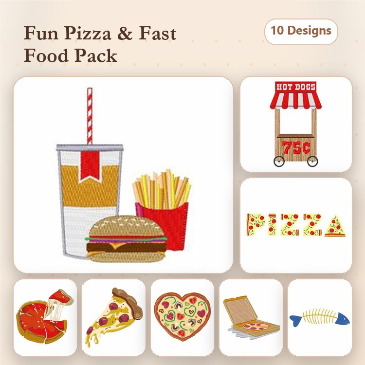 Pizza and Fast Food Embroidery Designs Bundle – Burger with Fries, Hot Dog Cart, Slice of Pepperoni Pizza & More (10 Designs)