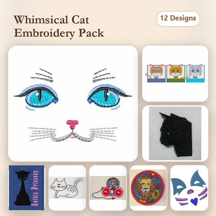 Cat Face & Silhouette Embroidery Bundle – Black Cat, Gray Tabby, Lion Face & More (12 Designs)