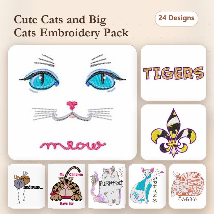 Cats Embroidery Designs Bundle – Cat Face, Fleur de Lis, Tabby Cat & More (24 Designs)