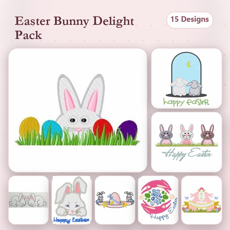 Easter Bunny & Eggs Embroidery Designs Bundle – Bunny with Easter Eggs, Happy Easter Text, Bunny Family & More (15 Designs)