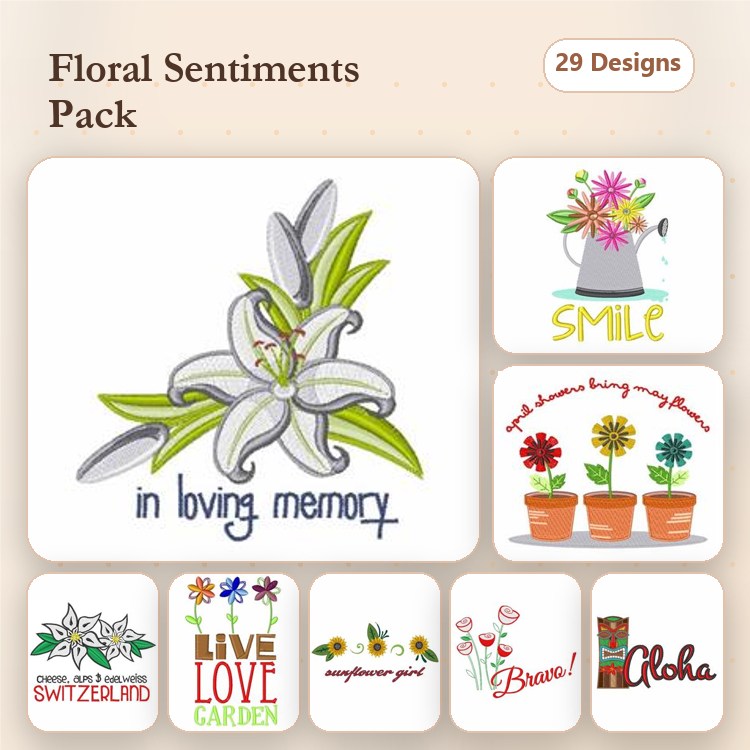 Floral Sentiments Embroidery Designs Bundle – White Lily in Loving Memory, Flower Pot with Smile & More (29 Designs)