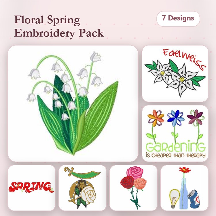 Floral Spring Embroidery Designs Bundle – Lily of the Valley, Edelweiss, Gardening is Cheaper than Therapy & More (7 Designs)
