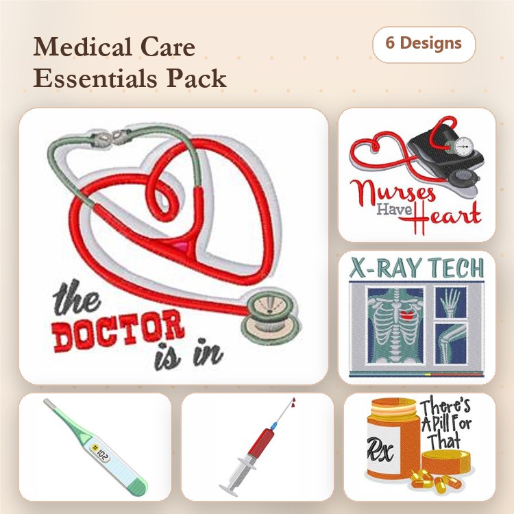 Medical Care Embroidery Designs Bundle – Heart Stethoscope, The Doctor is In, Nurses Heart & More (6 Designs)