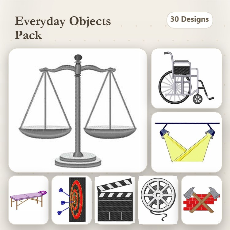 Everyday Objects Embroidery Designs Bundle – Scales, Wheelchair, Clothesline & More (30 Designs)