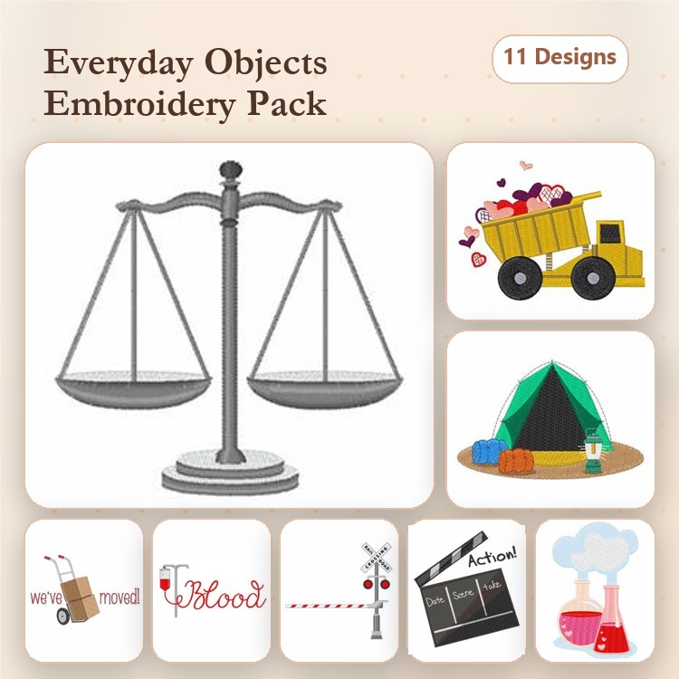 Everyday Objects Embroidery Designs Bundle – Scales, Dump Truck, Tent, Shopping Cart & More (11 Designs)