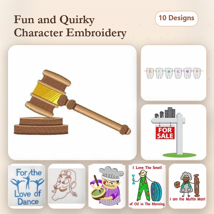 Fun and Quirky Characters Embroidery Designs Bundle – Gavel, Chef with Hat, For Sale Sign & More (10 Designs)