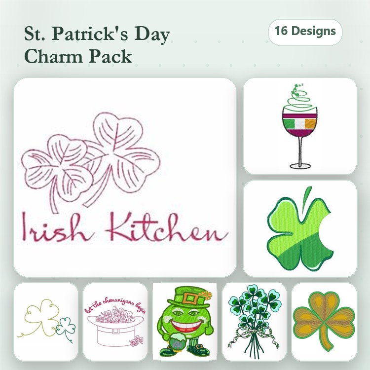 Shamrock & Leprechaun Embroidery Designs Bundle – Shamrock with Flowers, Cocktail Glass, Irish Kitchen & More (16 Designs)