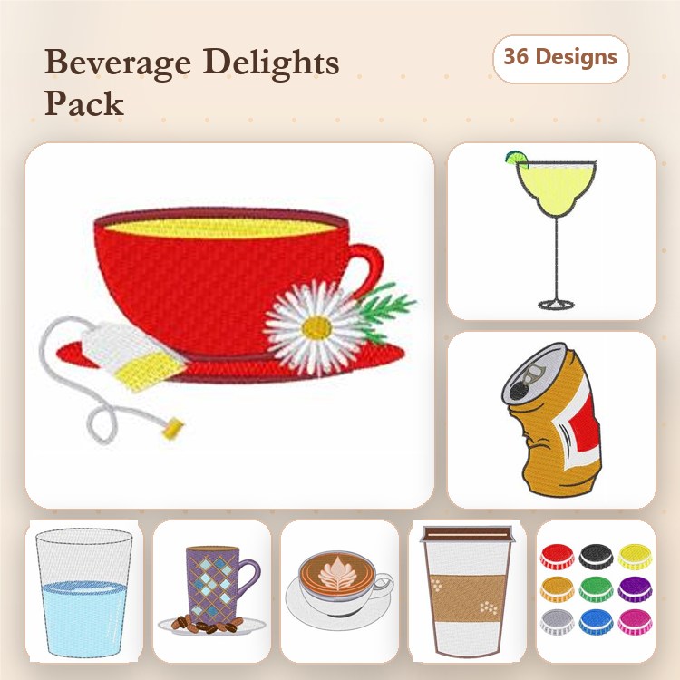 Beverage Embroidery Designs Bundle – Red Tea Cup, Margarita Glass, Coffee Mug & More (36 Designs)