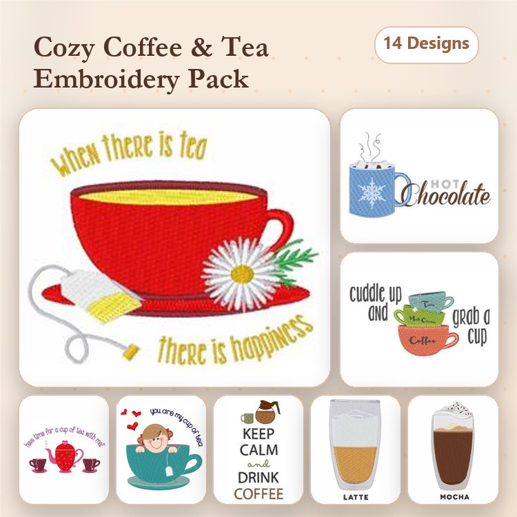 Coffee and Tea Themes Embroidery Designs Bundle – Tea Cup with Daisy, Hot Chocolate, Keep Calm & More (14 Designs)