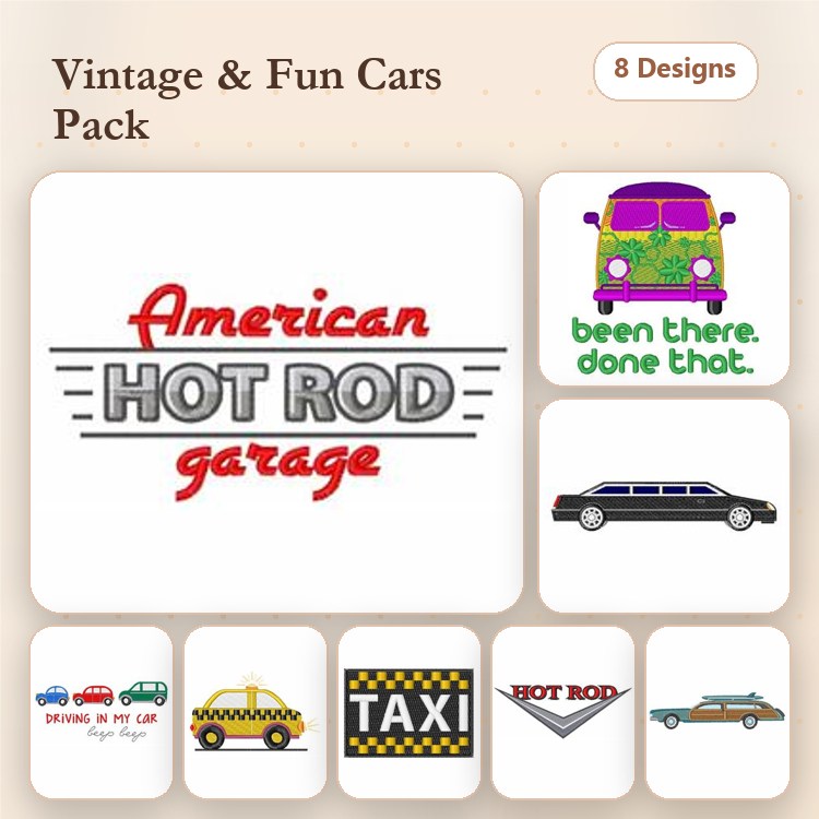 Vintage and Fun Cars Embroidery Designs Bundle – American Hot Rod Garage, Vintage Car, Limousine & More (8 Designs)