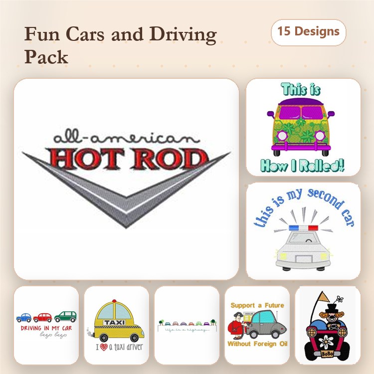 Cars and Driving Embroidery Designs Bundle – HOT ROD, VW Bug, Taxi Cab & More (15 Designs)