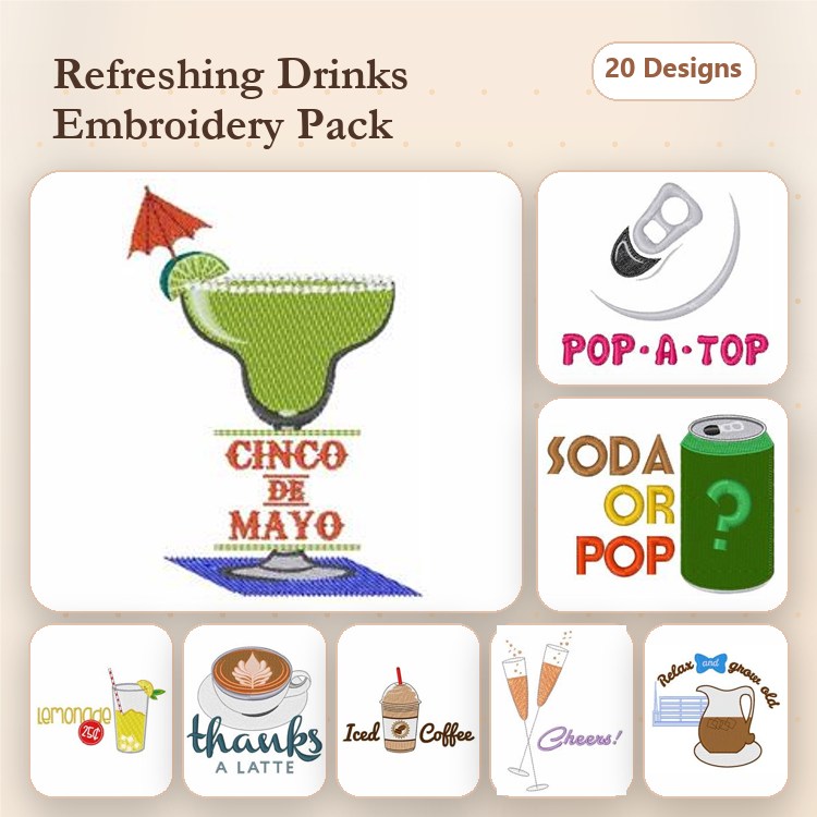 Refreshing Drinks Embroidery Designs Bundle – Margarita Glass, Soda Can, Coffee Cup & More (20 Designs)