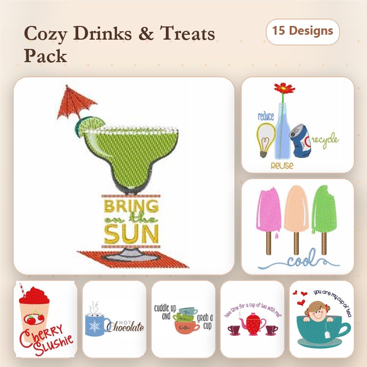 Cozy Drinks & Treats Embroidery Designs Bundle – Margarita, Cherry Slushie, Hot Chocolate & More (15 Designs)