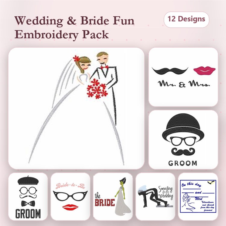 Wedding & Bride Embroidery Designs Bundle – Bride and Groom, Funny Wedding Glasses, Just Married & More (12 Designs)