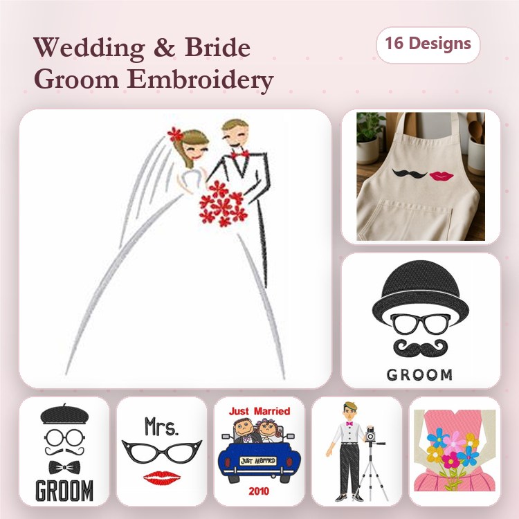 Wedding and Bride Groom Embroidery Designs Bundle – Bride and Groom, Wedding Car, Just Married & More (16 Designs)