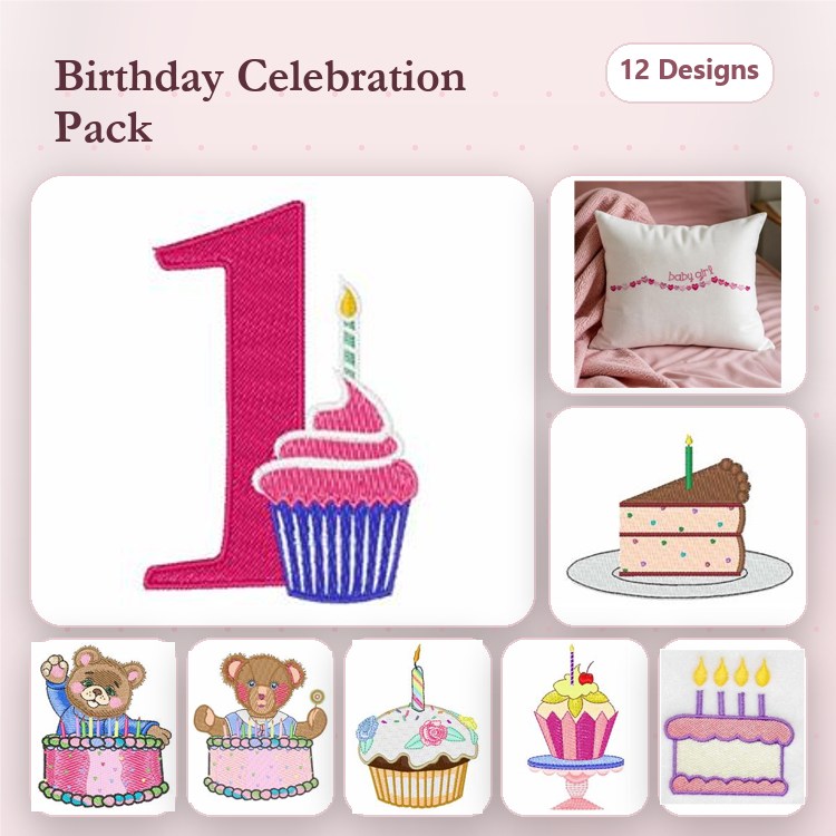 Birthday Celebration Embroidery Designs Bundle – Cupcake, Birthday Bear, Two-tier Cake & More (12 Designs)