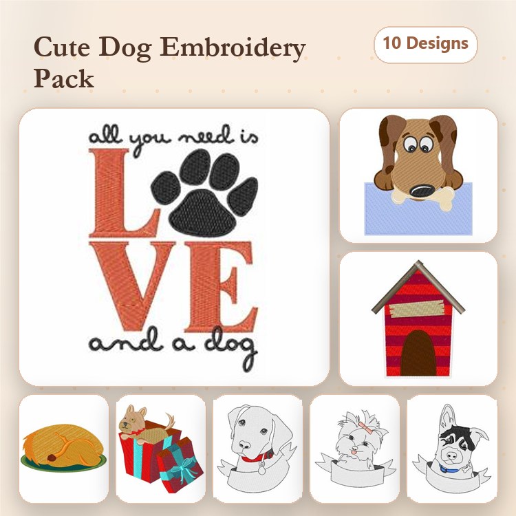 Dog & Puppy Embroidery Bundle – Cute Canine Designs (10 Designs)