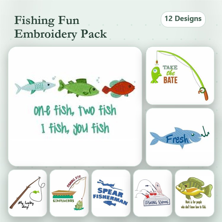 Fishing Themed Embroidery Designs Bundle – One Fish, Two Fish, Take the Bait & More (12 Designs)
