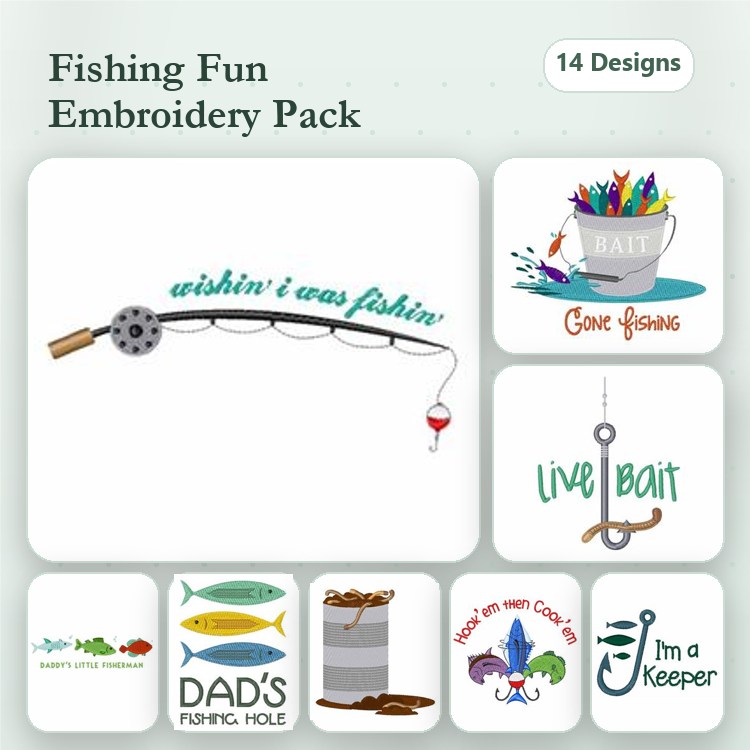 Fishing Themed Embroidery Designs Bundle – Fishing Rod with Hook, Gone Fishin', Catch of the Day & More (14 Designs)