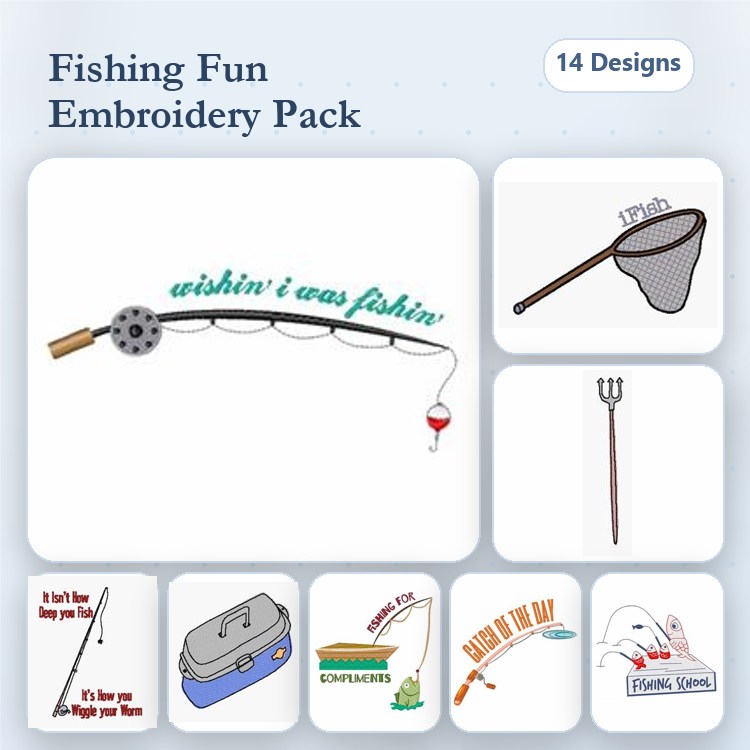 Fishing Themed Embroidery Bundle – Fishing Rod, Tackle Box, Gone Fishin' Quote & More (14 Designs)