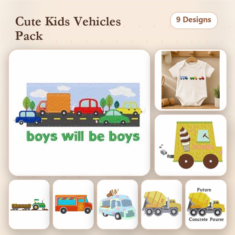 Children's Vehicle Embroidery Designs Bundle – Boys Will Be Boys, Red Car, Blue Truck & More (9 Designs)