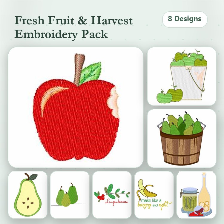 Fresh Fruit and Harvest Embroidery Designs Bundle – Red Apple, Green Pear, Banana & More (8 Designs)