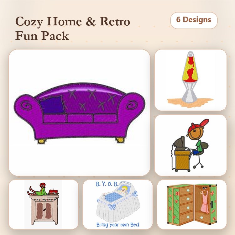 Cozy Home Embroidery Designs Bundle – Purple Couch, Lava Lamp, Child in Bed & More (6 Designs)