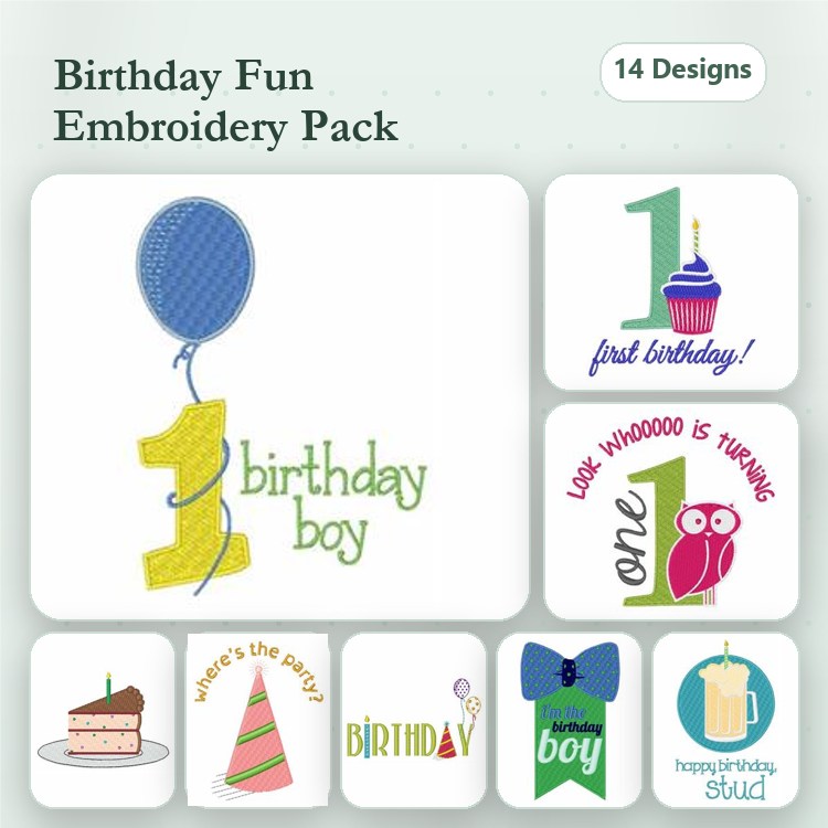 Birthday Celebrations Embroidery Designs Bundle – Birthday Boy, Cake, Balloon & More (14 Designs)