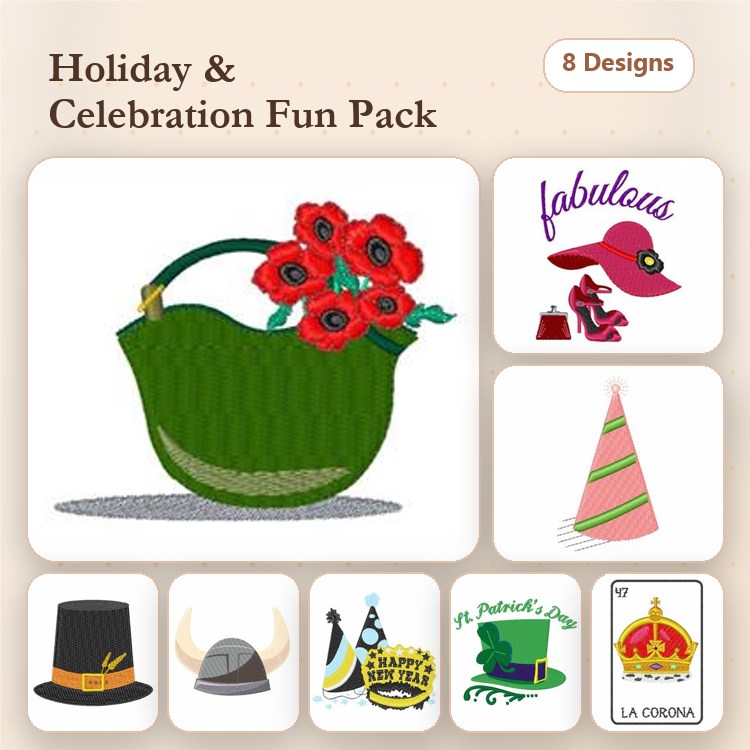 Holiday Celebration Embroidery Designs Bundle – Green Tea Kettle with Flowers, Fabulous Hat, St. Patrick's Day Hat & More (8 Designs)