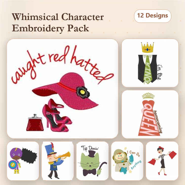 Charming Characters Embroidery Designs Bundle – Red Hat with Flower, High Heel Shoe, Crown & More (12 Designs)