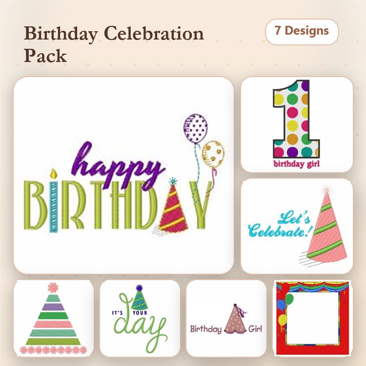 Birthday Celebration Embroidery Designs Bundle – Happy Birthday Text, Birthday Hat with Stripes, Birthday Girl Number One & More (7 Designs)