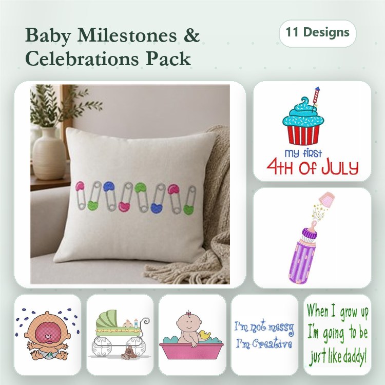 Baby Milestones & Celebrations Embroidery Designs Bundle – Baby Bottle, Cradle with Baby, Cupcake & More (11 Designs)