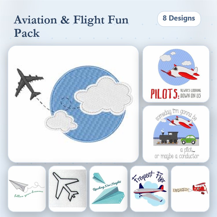 Aviation and Flight Embroidery Designs Bundle – Airplane with Clouds, Pilot Theme, Airplane in Flight & More (8 Designs)