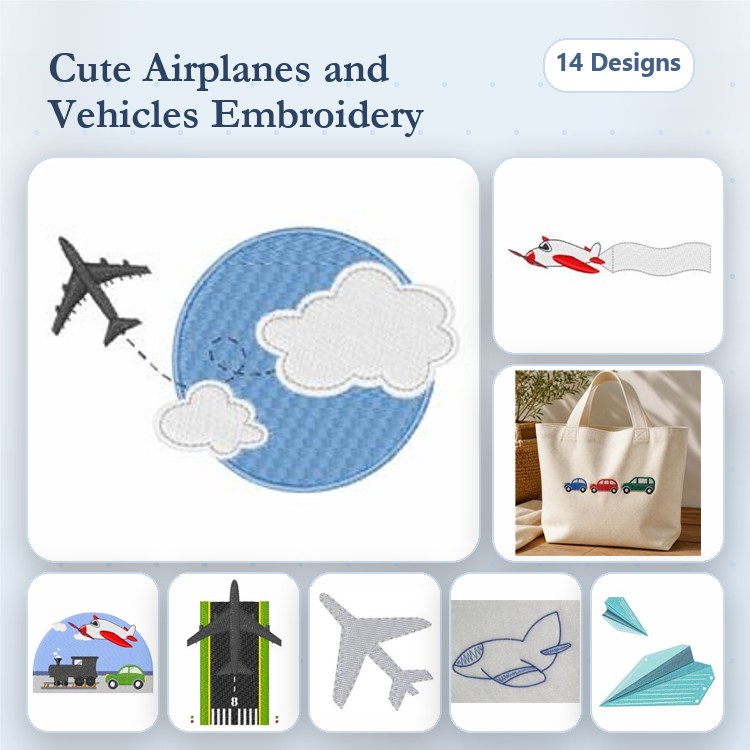 Airplanes & Vehicles Embroidery Designs Bundle – Airplane in Flight, Red Car, Paper Airplane & More (14 Designs)