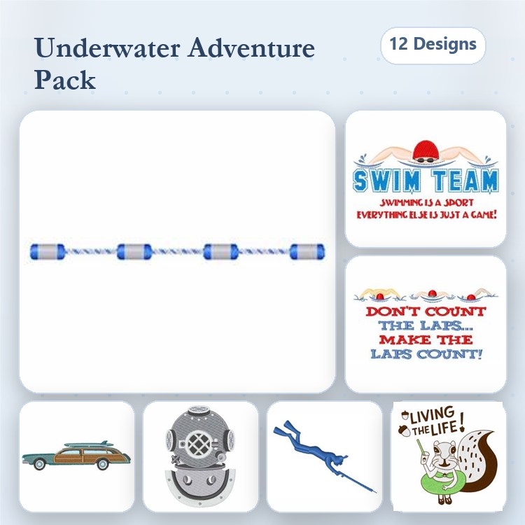 Underwater Adventure Embroidery Designs Bundle – Swim Team, Diving Helmet, Diver & More (12 Designs)