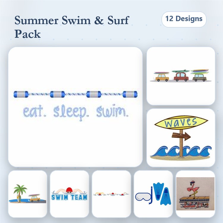 Summer Swim & Surf Embroidery Designs Bundle – Eat Sleep Swim, Waves Sign, Surfboard Design & More (12 Designs)