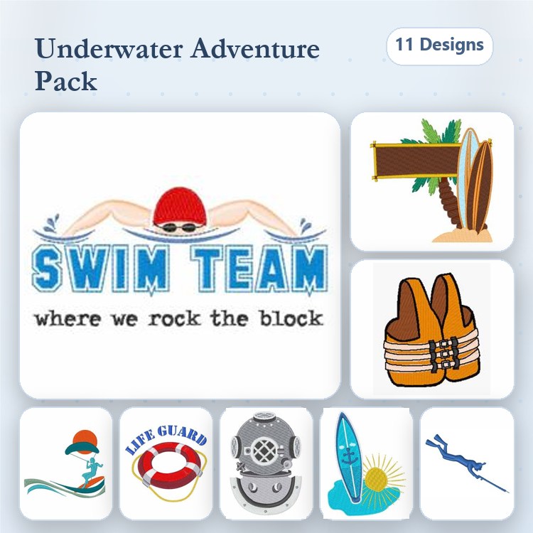 Underwater Adventure Embroidery Designs Bundle – Swim Team Design, Lifeguard Emblem, Diving Helmet & More (11 Designs)