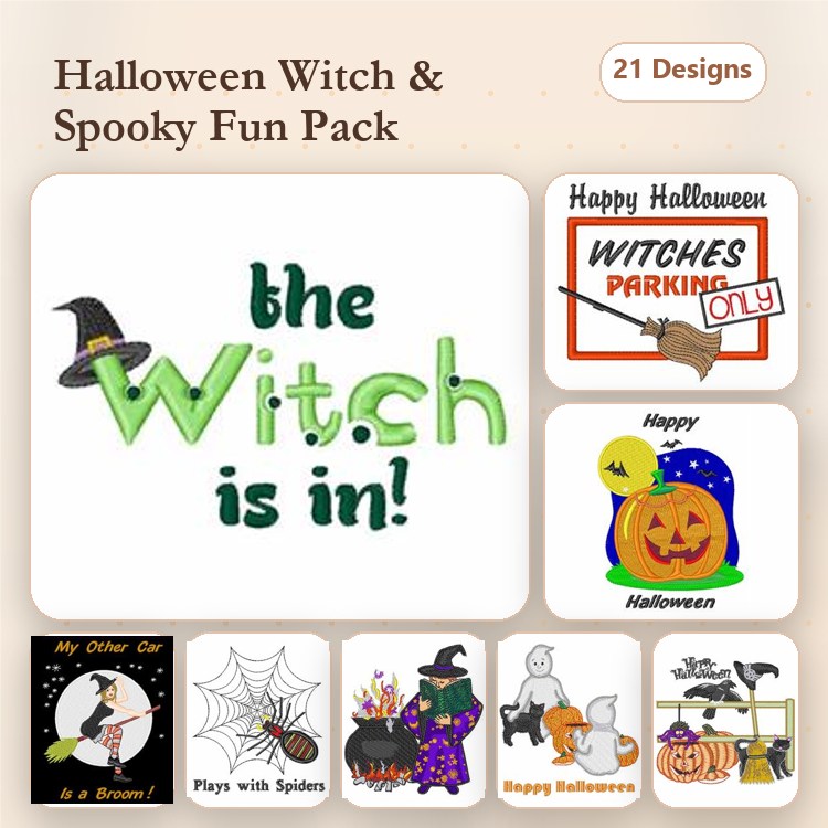 Halloween Witch & Spooky Themes Embroidery Designs Bundle – Witches Parking Only Sign, Happy Halloween Sign & More (21 Designs)