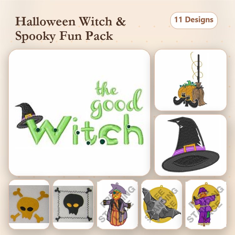 Halloween Witch & Spooky Elements Embroidery Designs Bundle – The Good Witch, Pumpkin with Mustache, Skull & More (11 Designs)