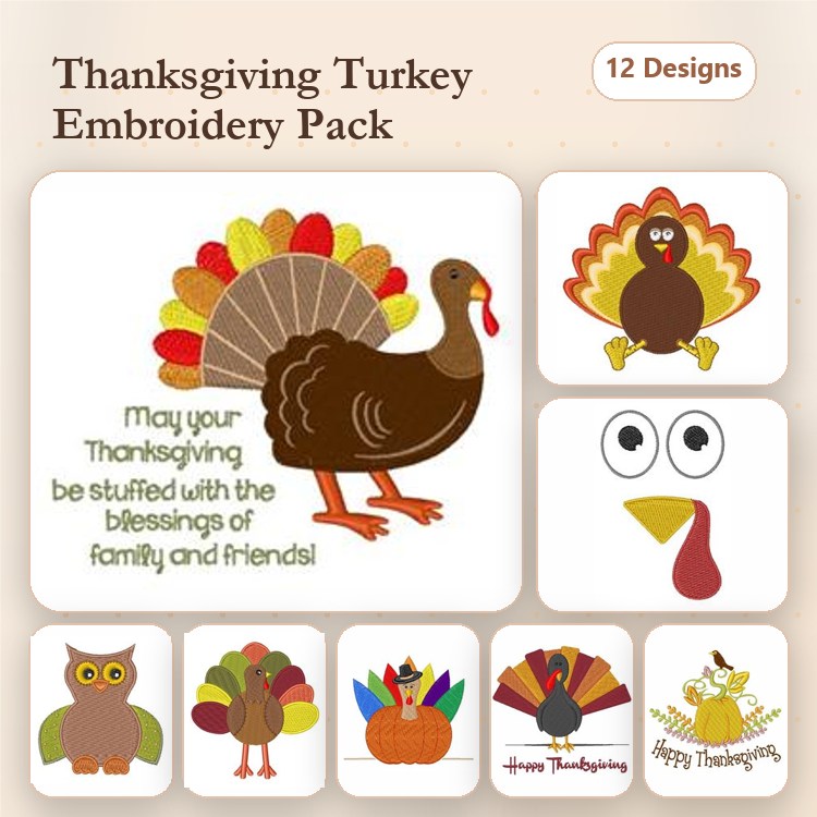 Thanksgiving Turkey Embroidery Designs Bundle – Turkey with Colorful Feathers, Owl with Pumpkin, Happy Thanksgiving Script & More (12 Designs)