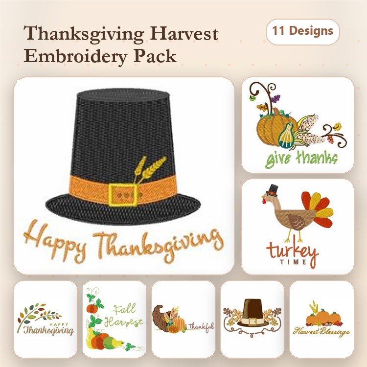Thanksgiving Harvest Embroidery Designs Bundle – Thanksgiving Hat, Turkey, Pumpkin & More (11 Designs)