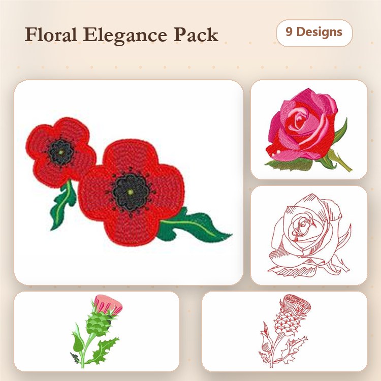 Floral Embroidery Designs Bundle – Red Poppy, Pink Rose, Thistle Flower & More (9 Designs)