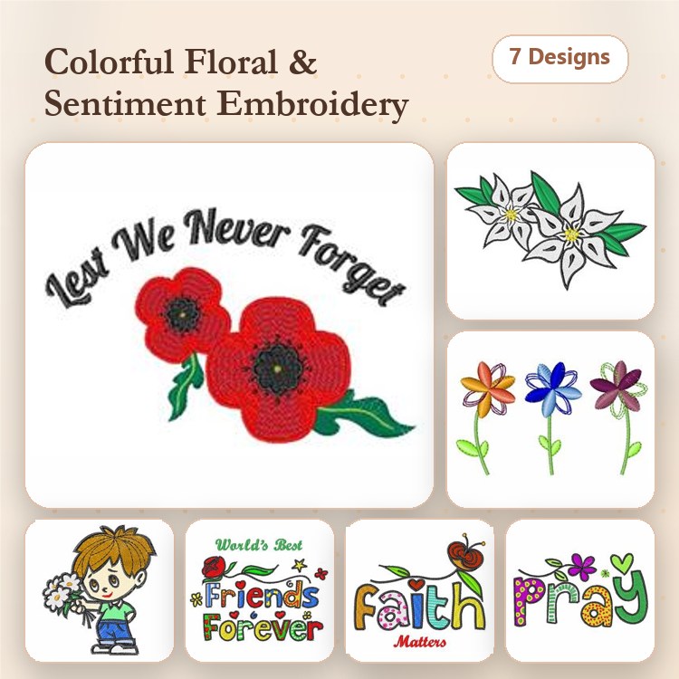 Colorful Floral and Sentiment Embroidery Designs Bundle – Lest We Never Forget, Red Poppy, Daisy Cluster & More (7 Designs)