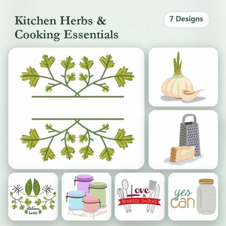 Kitchen Herbs & Cooking Essentials Embroidery Designs Bundle – Cilantro Branch, Garlic Bulb, Grater & More (7 Designs)