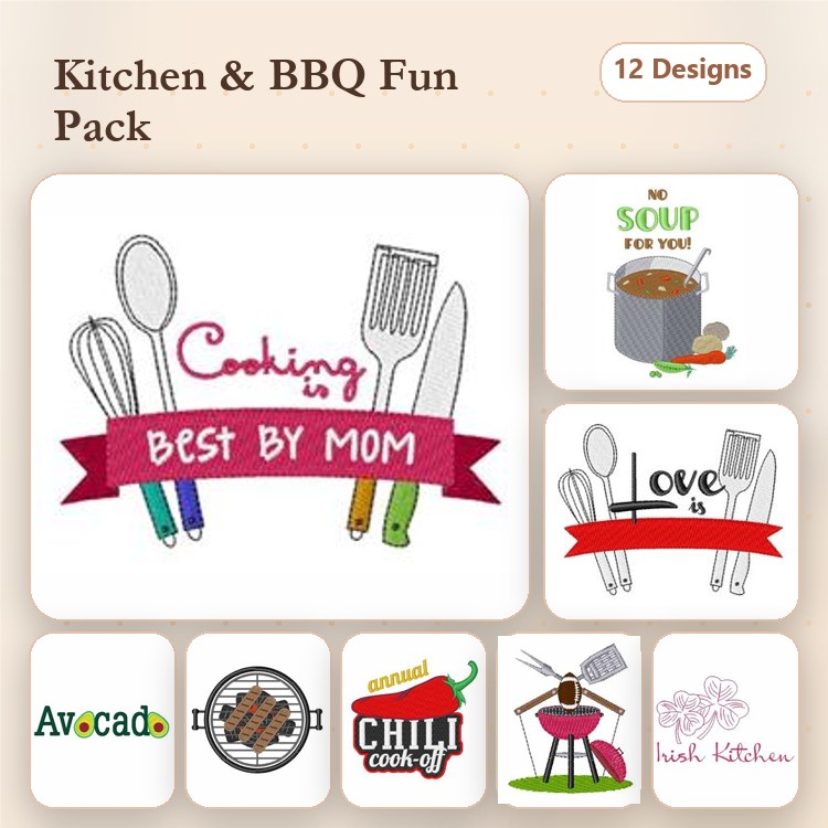 Kitchen & BBQ Embroidery Designs Bundle – Cooking Utensils, Avocado, Chili Cookoff & More (12 Designs)