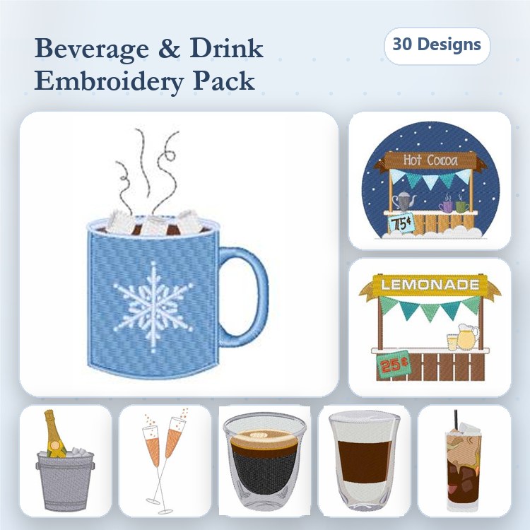 Beverages and Drinks Embroidery Designs Bundle – Hot Cocoa Mug, Lemonade Stand, Champagne Glass & More (30 Designs)