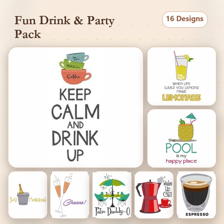 Drink and Party Themes Embroidery Designs Bundle – Keep Calm and Drink Up, Lemonade Pitcher, Pool is my Happy Place & More (16 Designs)